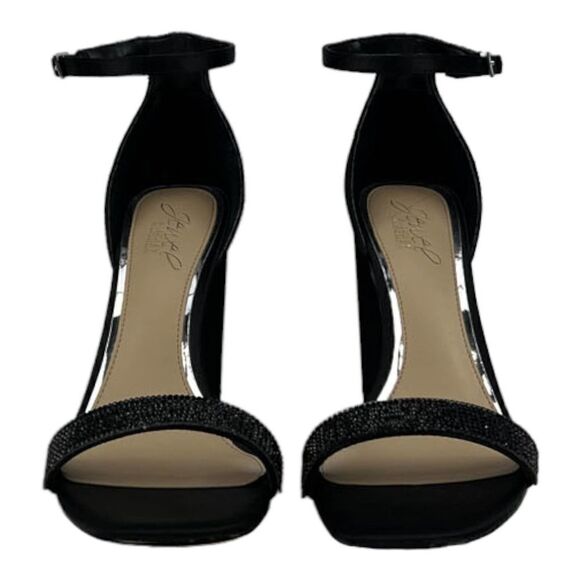 New Women Jewel Badgley Mischka Black Satin Block Heel Sandals US 8.5 - Picture 2 of 8